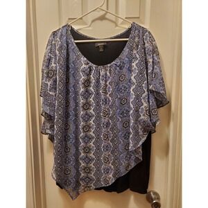 Alyx Plus Blouse Sz 3X Draped Flowy Style Blue geometric artsy Poncho Overlay